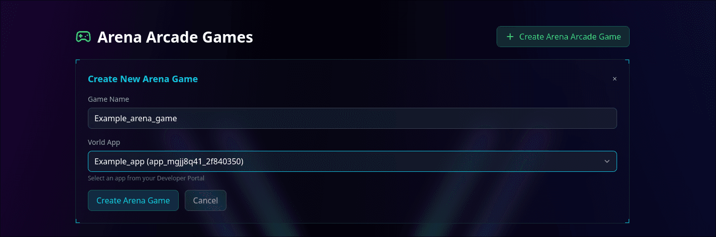 Arena Game Creation Form